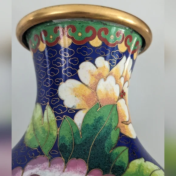 Vtg 10" Oriental Cloisonne Vase Blue Bird Dahlia Plum Royal Blue Asian Chinese - Picture 12 of 15